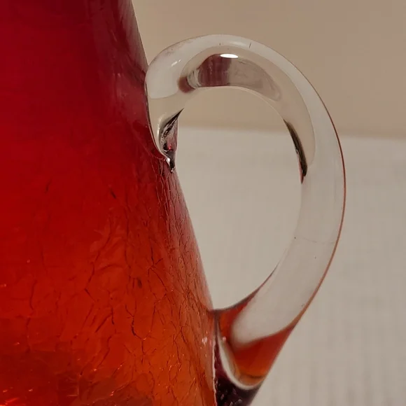 Vintage Hand Blown Ruby Red Crackled Glass Pitcher - Picture 10 of 16